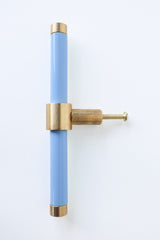 Pastel baby Blue& Brass modern drawer pull.  Add color to cabinets with brass accents with the Piety drawer pulls by sazerac stitches.  Available in over 30 colors with the option to customize. Center mount installation drawer pull with color and brass accents.  Sophisticated colorful bathroom, dresser, vanity, or desk drawer pull.