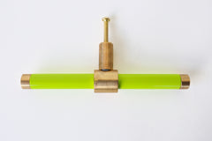 Chartreuse and brass modern drawer pull.  Add color to cabinets with brass accents with the Piety drawer pulls by sazerac stitches.  Available in over 30 colors with the option to customize. Center mount installation drawer pull with color and brass accents.  Sophisticated colorful bathroom, dresser, vanity, or desk drawer pull.