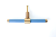 Pastel grey blue & Brass modern drawer pull.  Add color to cabinets with brass accents with the Piety drawer pulls by sazerac stitches.  Available in over 30 colors with the option to customize. Center mount installation drawer pull with color and brass accents.  Sophisticated colorful bathroom, dresser, vanity, or desk drawer pull.