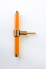 Mustard and brass modern drawer pull.  Add color to cabinets with brass accents with the Piety drawer pulls by sazerac stitches.  Available in over 30 colors with the option to customize. Center mount installation drawer pull with color and brass accents.  Sophisticated colorful bathroom, dresser, vanity, or desk drawer pull.