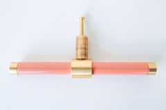Peach and brass modern drawer pull.  Add color to cabinets with brass accents with the Piety drawer pulls by sazerac stitches.  Available in over 30 colors with the option to customize. Center mount installation drawer pull with color and brass accents.  Sophisticated colorful bathroom, dresser, vanity, or desk drawer pull.