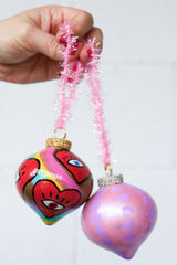 Pink & Purple Dot & Rainbow Heart Eyes Painted Ornaments Set