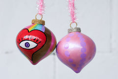 Pink & Purple Dot & Rainbow Heart Eyes Painted Ornaments Set