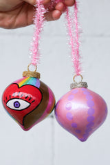 Pink & Purple Dot & Rainbow Heart Eyes Painted Ornaments Set