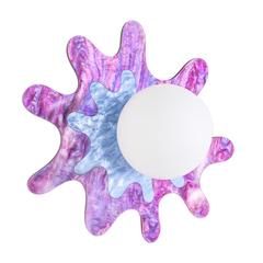 Purple and periwinkle splatter-shaped wall sconce with a frosted globe, perfect for artistic spaces.