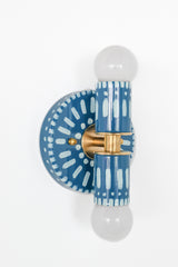 Handpainted blue and white patterned wall sconce inspired by Greece & Portugal.  Maximalist style wall sconce that has a natural element because each one is hand-painted.  The painted thalia is a perfect small sconce that doubles as a statement light fixture because of the bold design.  Great for bathrooms, hallways, and more.