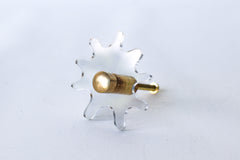 Clear Acrylic & Brass modern and artistic paint splat inspired drawer pull knob.  Colorful asymmetric acrylic drawer pull or knob with brass details. Adds a unique touch to dressers, cabinets, and more.  Comes in pearly, glossy, and translucent acrylic in a ton of colorful option.  Adds a playful touch to 90s aesthetic or a kid-friendly space.  Unique drawer pull made to order in New Orleans. Designed by Sazerac Stitches.  Easy to install!