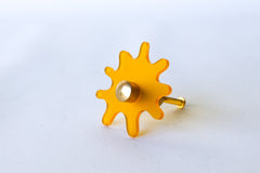 Frosted Yellow Orange Sunset Acrylic & Brass modern and artistic paint splat inspired drawer pull knob.  Colorful asymmetric acrylic drawer pull or knob with brass details. Adds a unique touch to dressers, cabinets, and more.  Comes in pearly, glossy, and translucent acrylic in a ton of colorful option.  Adds a playful touch to 90s aesthetic or a kid-friendly space.  Unique drawer pull made to order in New Orleans. Designed by Sazerac Stitches.  Easy to install!