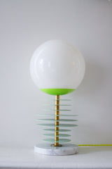 Mint and chartreuse unique stacked disc lamp with marble base and neon cord