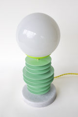 Mint and chartreuse unique stacked disc lamp with marble base and neon cord