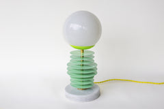 Mint and chartreuse unique stacked disc lamp with marble base and neon cord