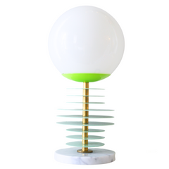 Mint and chartreuse unique stacked disc lamp with marble base and neon cord.  Unique handmade lamp designed and made in New Orleans by Sazerac Stitches.  Sculptural lamp design that can be customized into any colors. Modern geometric style lamp fixture that looks different based on the angle of viewing.  Weird unique modern and colorful table lamp.