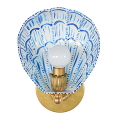 White, Blue, & Brass Hand-Painted Coquille Sconce: One of One