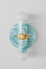 Hand-marbled modern two light wall sconce light fixture in pastel teal and.  Designed and made in New Orleans.  Colorful marbled lighting perfect for a maximalist bathroom, a pattern-loving interior designer, and more.  Each light fixture is unique.