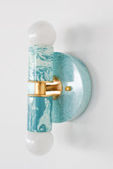 Hand-marbled modern two light wall sconce light fixture in pastel teal and.  Designed and made in New Orleans.  Colorful marbled lighting perfect for a maximalist bathroom, a pattern-loving interior designer, and more.  Each light fixture is unique.