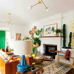 Mid century modern inspired living room with a pair of Emery Chandeliers by Sazerac Stitches
