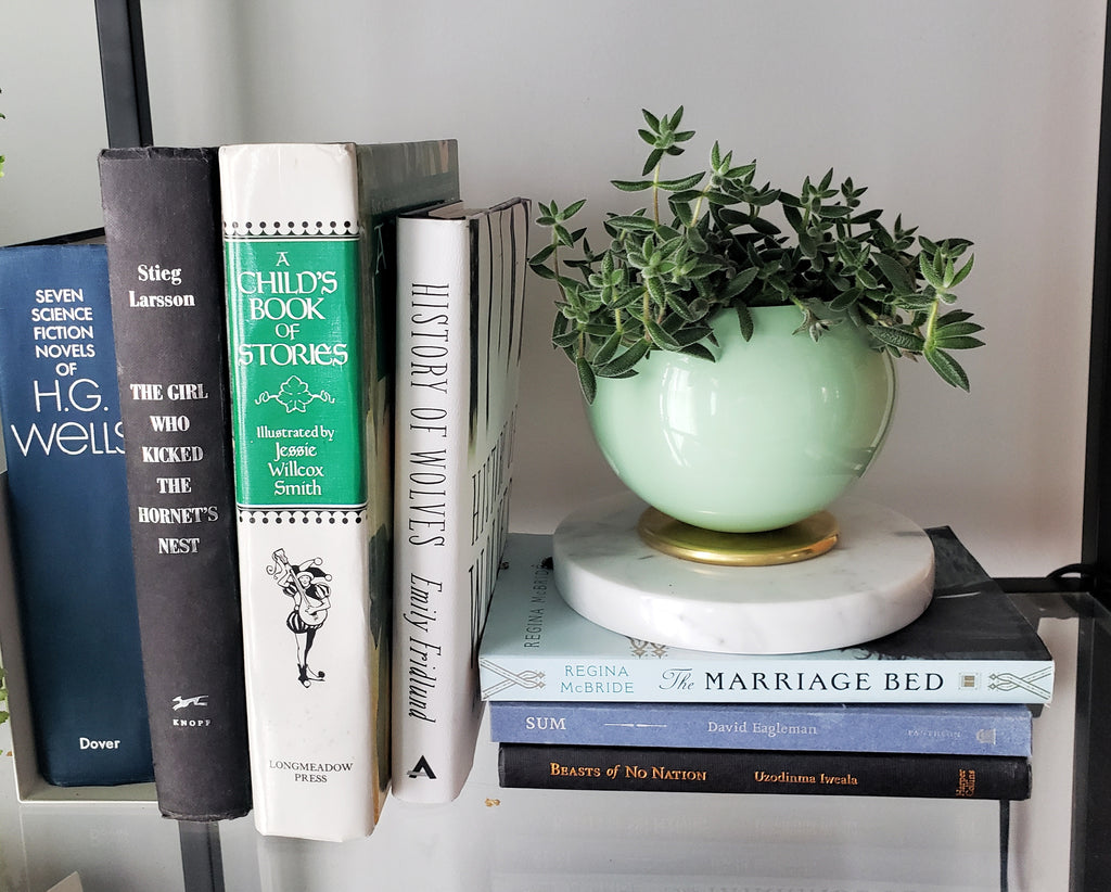 Mint brass and marble midcentury inspired short planter or vase