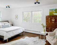 blue and brass flushmount ceiling lights with midcentury modern design