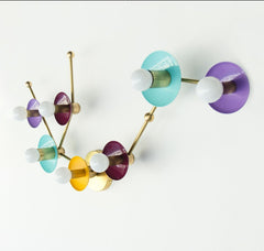 purple, mustard, teal, and brass Aquarius Constellation light inspired by astrology.  Flushmount ceiling light fixture or large wall sconce in brass