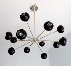 atomic style retro chandelier with black shades and chrome arms - made by Sazerac Stitches in New Orleans, LA