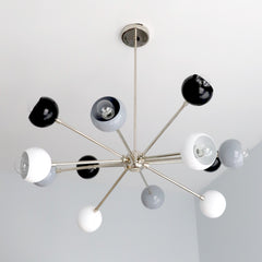 Black White and Grey sputnik style atomic chandelier with chrome metal