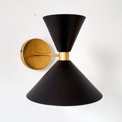 Black and Brass Midcentury Modern wall sconce with cone shades