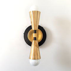 black and gold art deco geometric inspired wall lighting for bathroom renovations vertical orientation