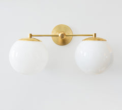 brass mid century modern two light bathroom vanity light