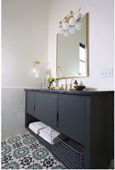 Grey bathroom vanity with brass accent and patterned tiled flooring