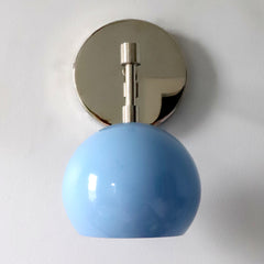 Light blue and chrome mid century modern wall sconce light fixture by Sazerac Stitches and made in New Orleans