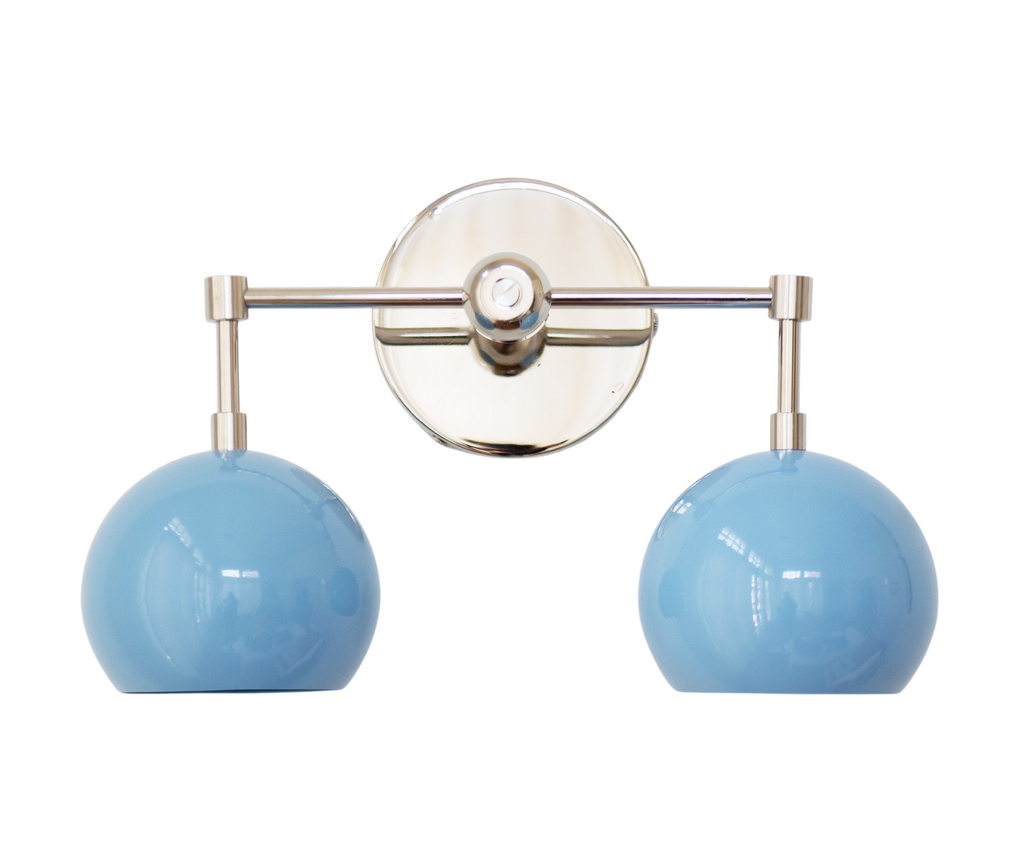 Light Blue and chrome two light mid century modern wall sconce - front view