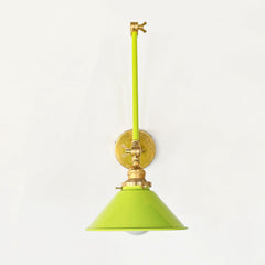 Neon Chartreuse and Brass Adjustable Cone sconce for above open concept shelving in a kitchen