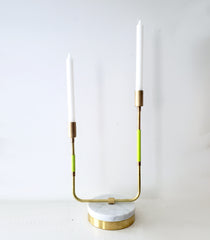 neon green, brass, and marble double candle holder by sazerac stitches