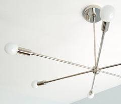 detail of chrome 6 light ceiling chandelier modern lighting mid century design sputnik inspired
