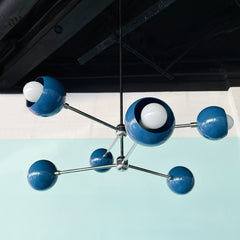 Denim blue and chrome midcentury modern chandelier in a sputnik shape