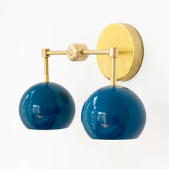 Brass and Grey blue two light mid century modern sconce - side view