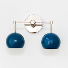 Chrome and grey blue two light mid century modern wall sconce - front view