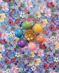 Pastel Arco light fixture on floral wallpaper ceiling