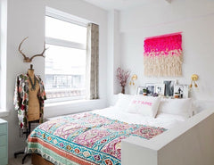 Pair of bedside Felicity Sconces by Sazerac Stitches with a bright pink and white textile art