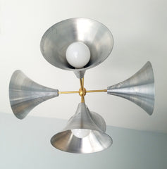 The Gormley Chandelier loft farmhouse inspired large stadium megaphone chandelier with cone shades mid century art deco modern industrial with brass accents steel aluminum finish
