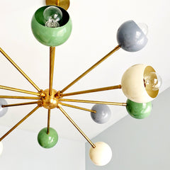 Green, Cream, and Grey midcentury modern inspired chandelier by Sazerac Stitches.  Sputnik style ceiling chandelier is perfect for kids bedrooms, midcentury modern decor, etc.