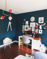 Navy Office with pink and orange modern chandelier