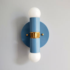 Light Blue and Brass two light wall sconce or flush mount ceiling light fixture in a bright vibrant color and mid century modern or art deco design