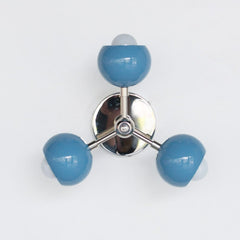 pastel blue and chrome three light flushmount ceiling light with midcentury modern style shades