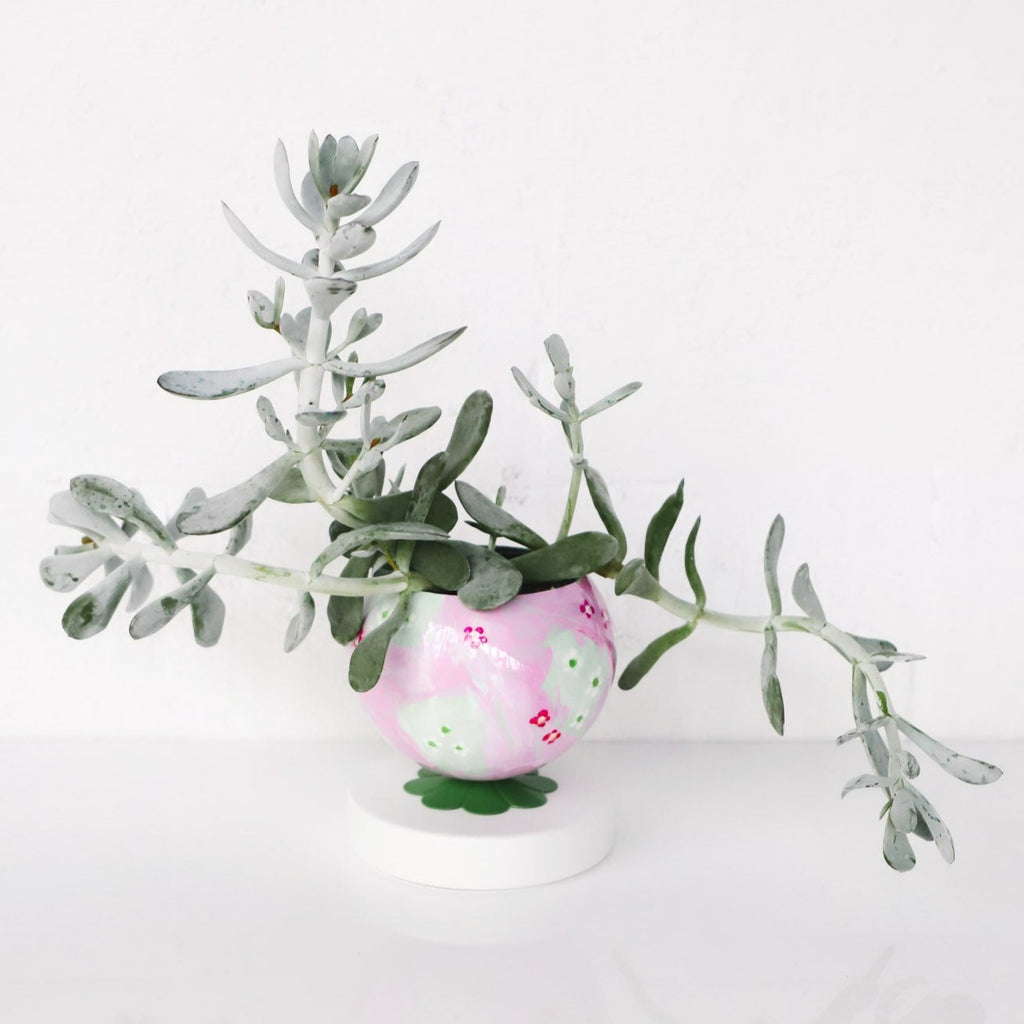 Pink and Green Floral Painted Loa Planter