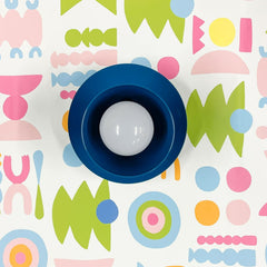 Grey blue mid century modern inspired all sconce or flushmount on colorful wallpaper