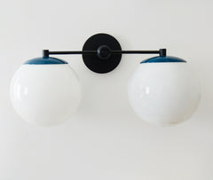 Lagoon and black two light mid century modern bathroom vanity light