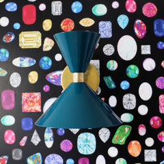 Dark Teal mid century modern wall sconce on rainbow gem wallpaper
