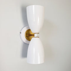 White and brass Art deco lighting two light wall sconce bathroom wall sconce vertical ambient lighting