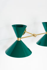 Mid Century Modern wall sconce in emerald green and brass with two shades for bathroom vanities